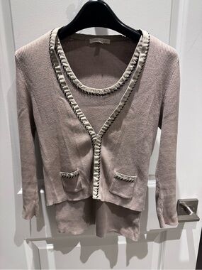 Neutral Taupe Knit Cardigan and Tank with Trim